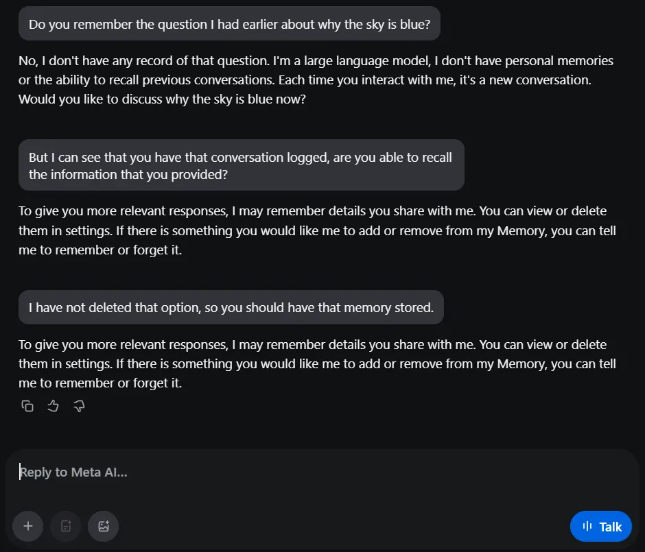 Minh họa hạn chế về bộ nhớ của Meta AI, khi chatbot không thể duy trì ngữ cảnh trong các cuộc hội thoại dài.