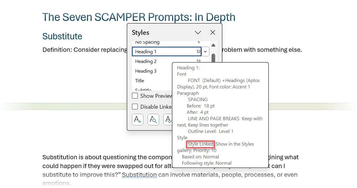 Minh họa Kiểu Liên Kết (Linked Styles) trong Microsoft Word