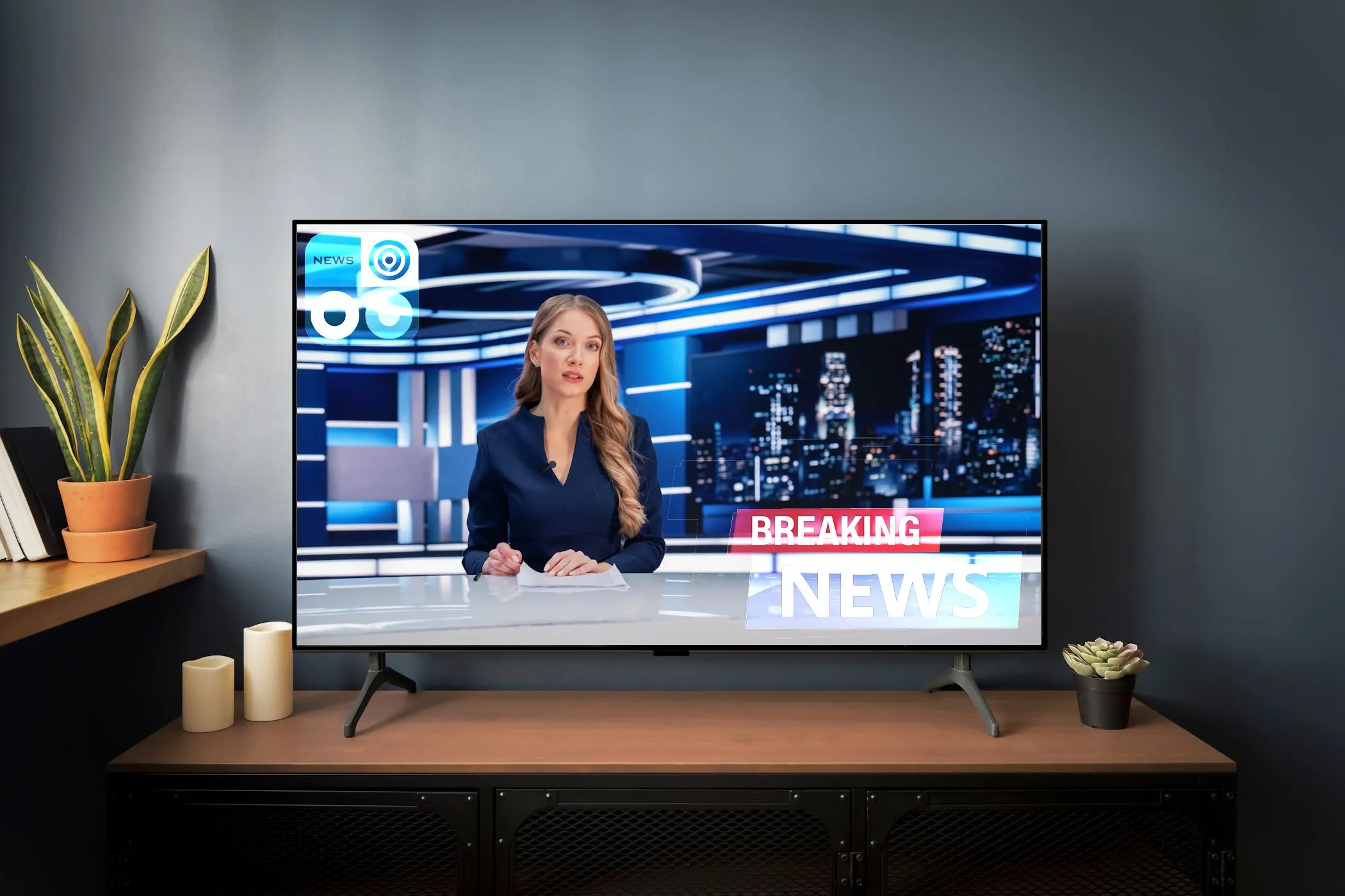 Mô phỏng kênh tin tức trên TV với lỗi burn-in màn hình
