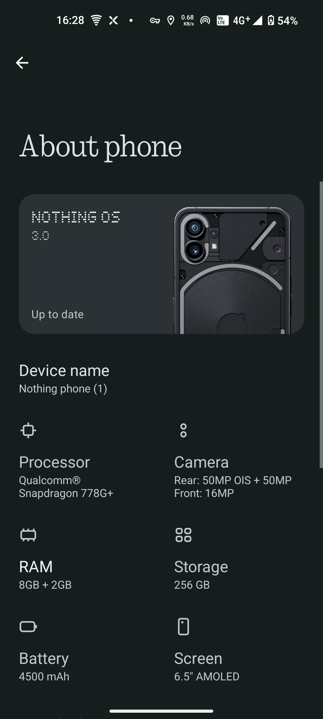 Mô tả ảnh: Trang &quot;Giới thiệu điện thoại&quot; trong phần Cài đặt của Nothing Phone, hiển thị các thông tin chi tiết về thiết bị và tùy chọn xem chi tiết SIM để kiểm tra thông số sóng.