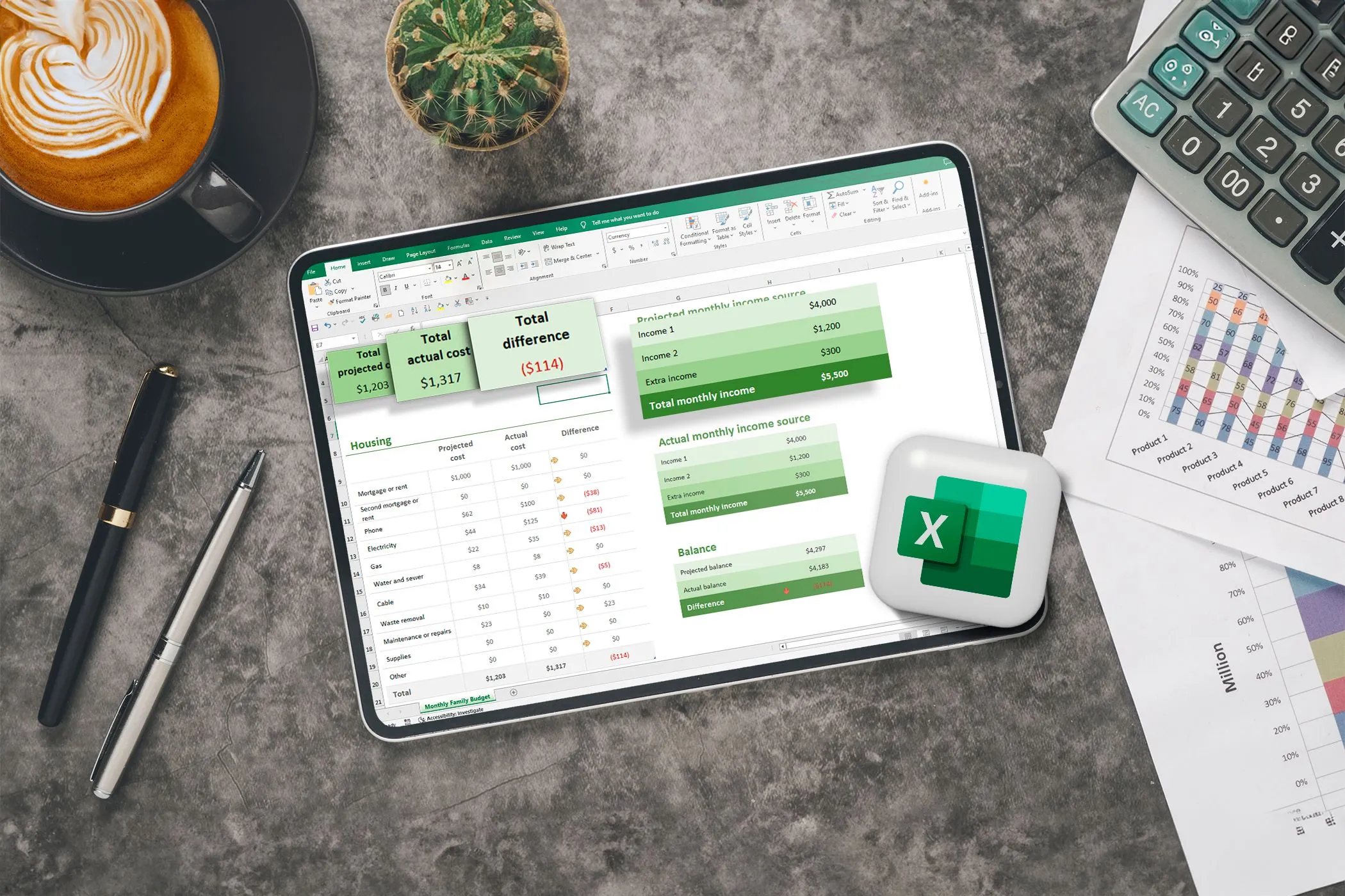 Một bảng tính Excel hiển thị trên máy tính bảng trên bàn làm việc văn phòng với bút, máy tính và giấy tờ xung quanh