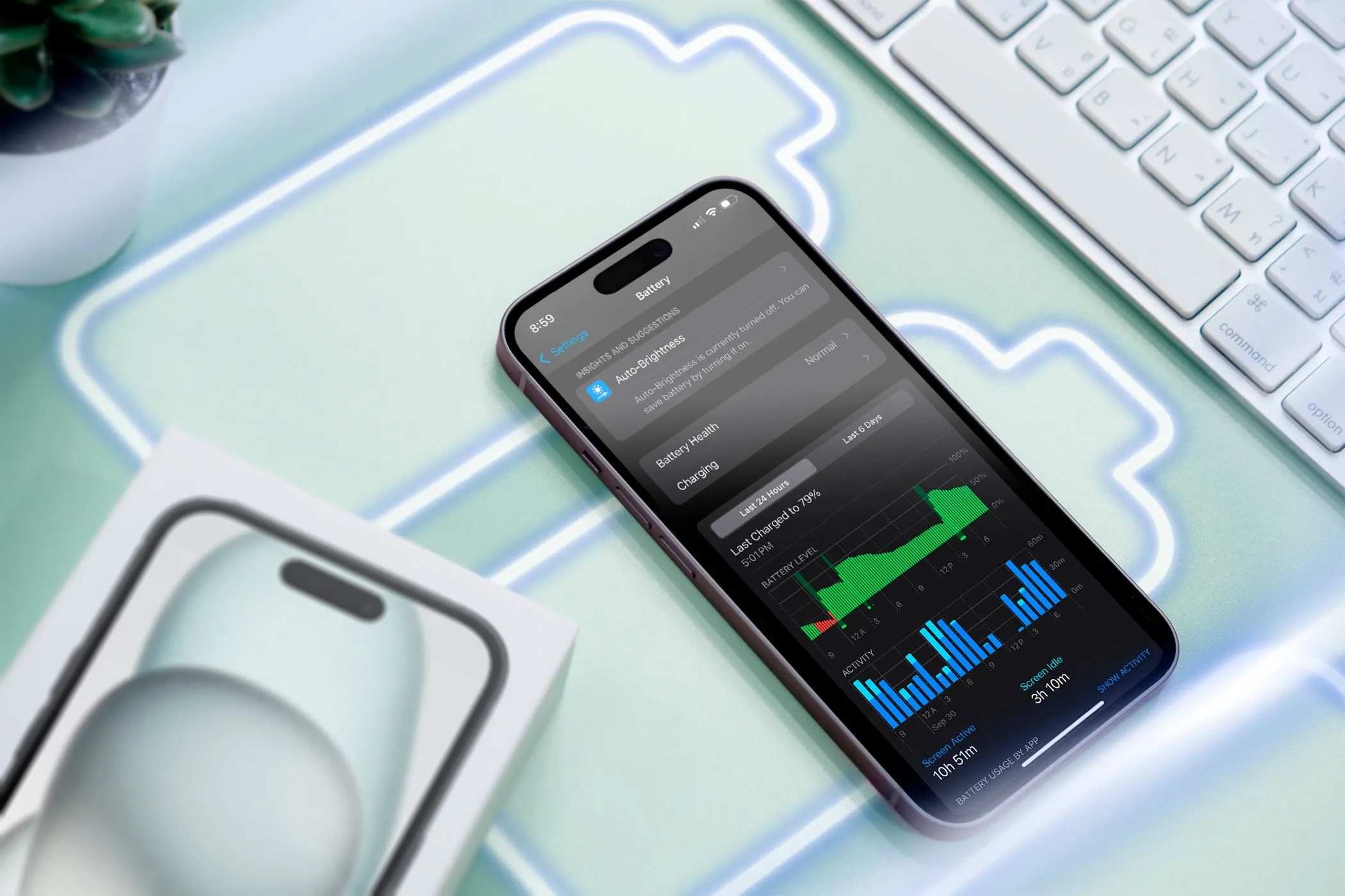Một chiếc iPhone trên bề mặt với các biểu tượng pin và màn hình hiển thị mức sử dụng pin