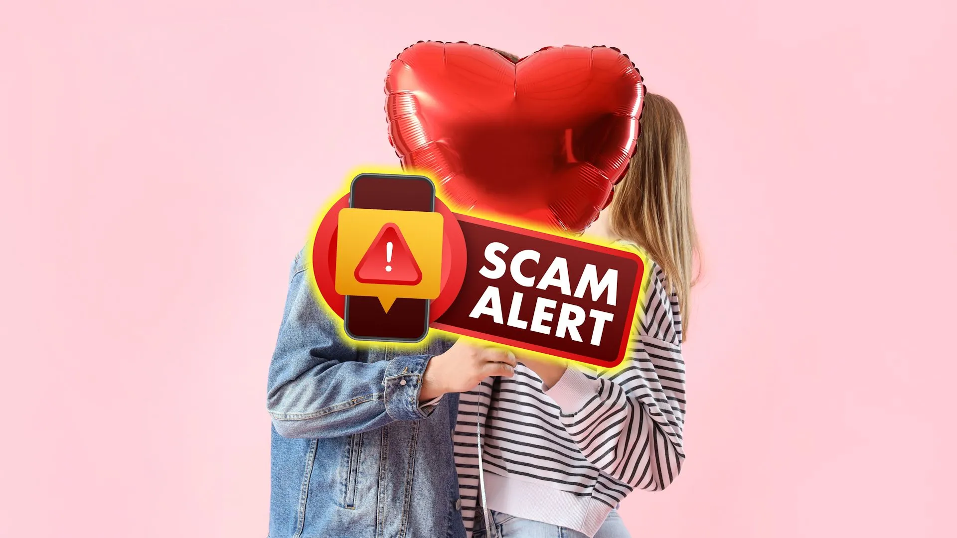 Một người đàn ông và phụ nữ đang trốn sau quả bóng bay hình trái tim với biển báo &quot;scam alert&quot;, cảnh báo về lừa đảo tình cảm (romance scams) được AI hỗ trợ.