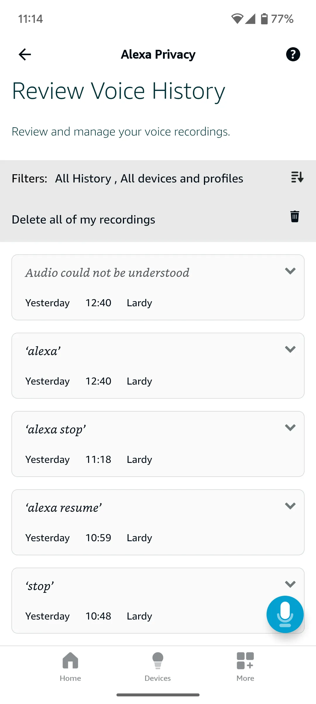 Mục bản ghi âm giọng nói của bạn trên ứng dụng Alexa