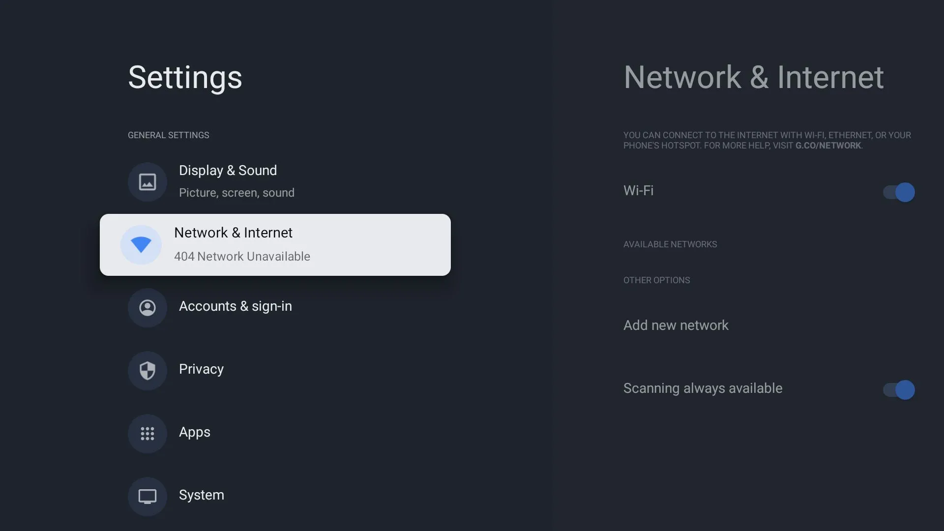 Mục Mạng và Internet trong cài đặt Google TV để thay đổi DNS
