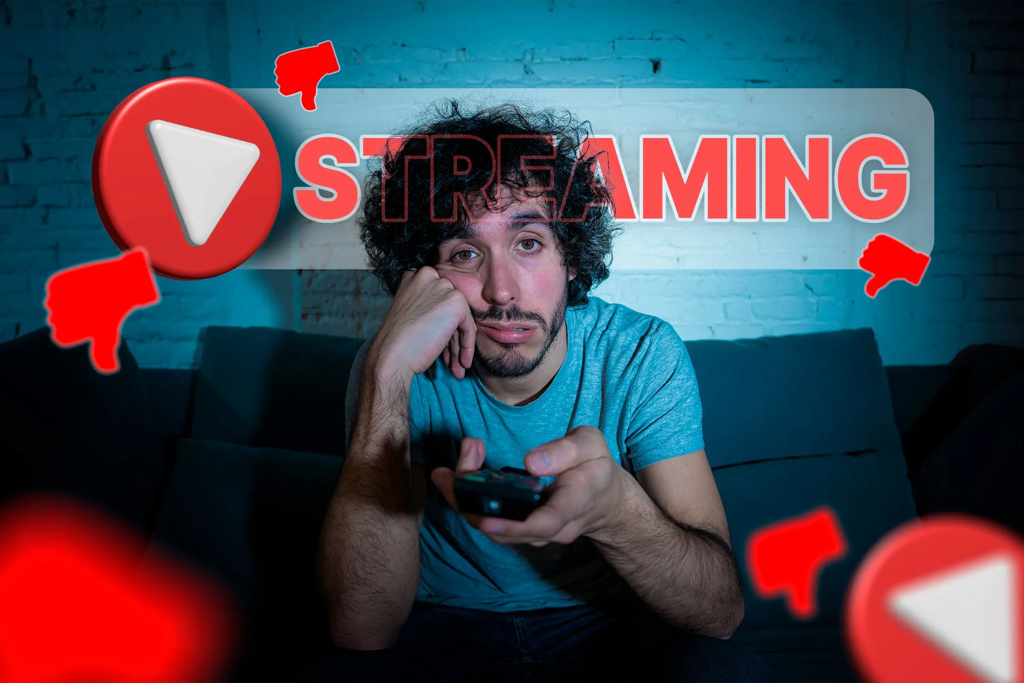 Người đàn ông buồn chán xem TV với biểu tượng video và chữ &quot;streaming&quot; phía sau cùng nhiều biểu tượng ngón tay cái hướng xuống