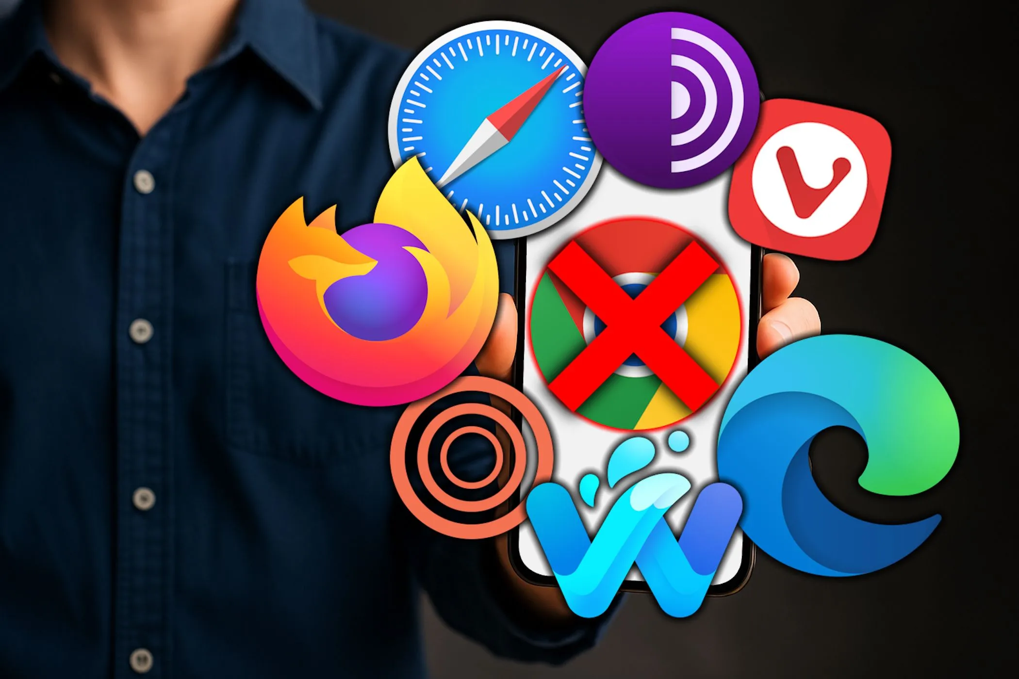 Người đàn ông cầm điện thoại với logo Chrome bị gạch chéo và các logo trình duyệt khác xung quanh