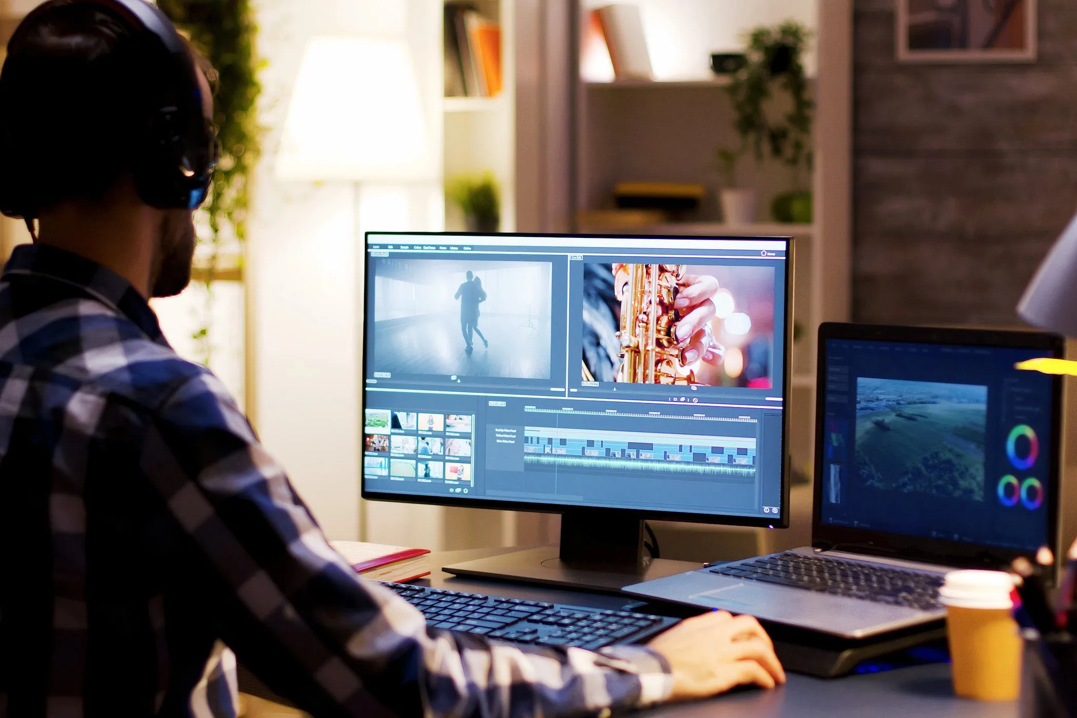 Người đàn ông sử dụng máy tính để chỉnh sửa video, thể hiện độ sắc nét của hình ảnh 4K