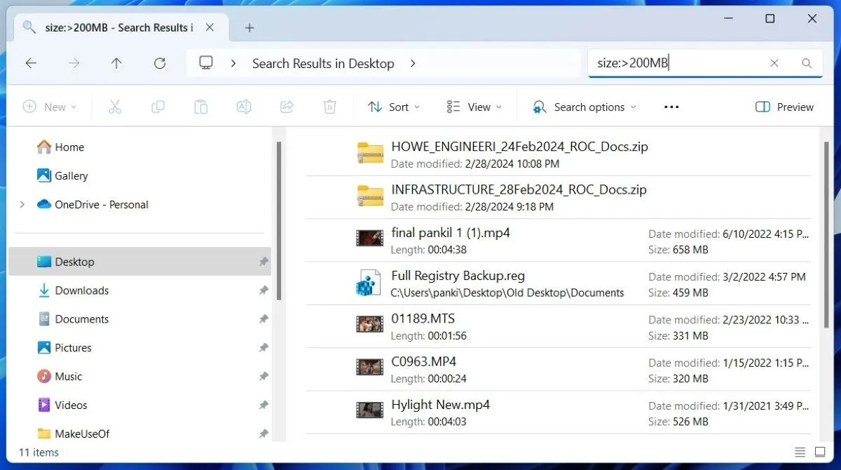 Người dùng đang sử dụng bộ lọc tìm kiếm trong File Explorer để tìm tệp theo kích thước và ngày sửa đổi