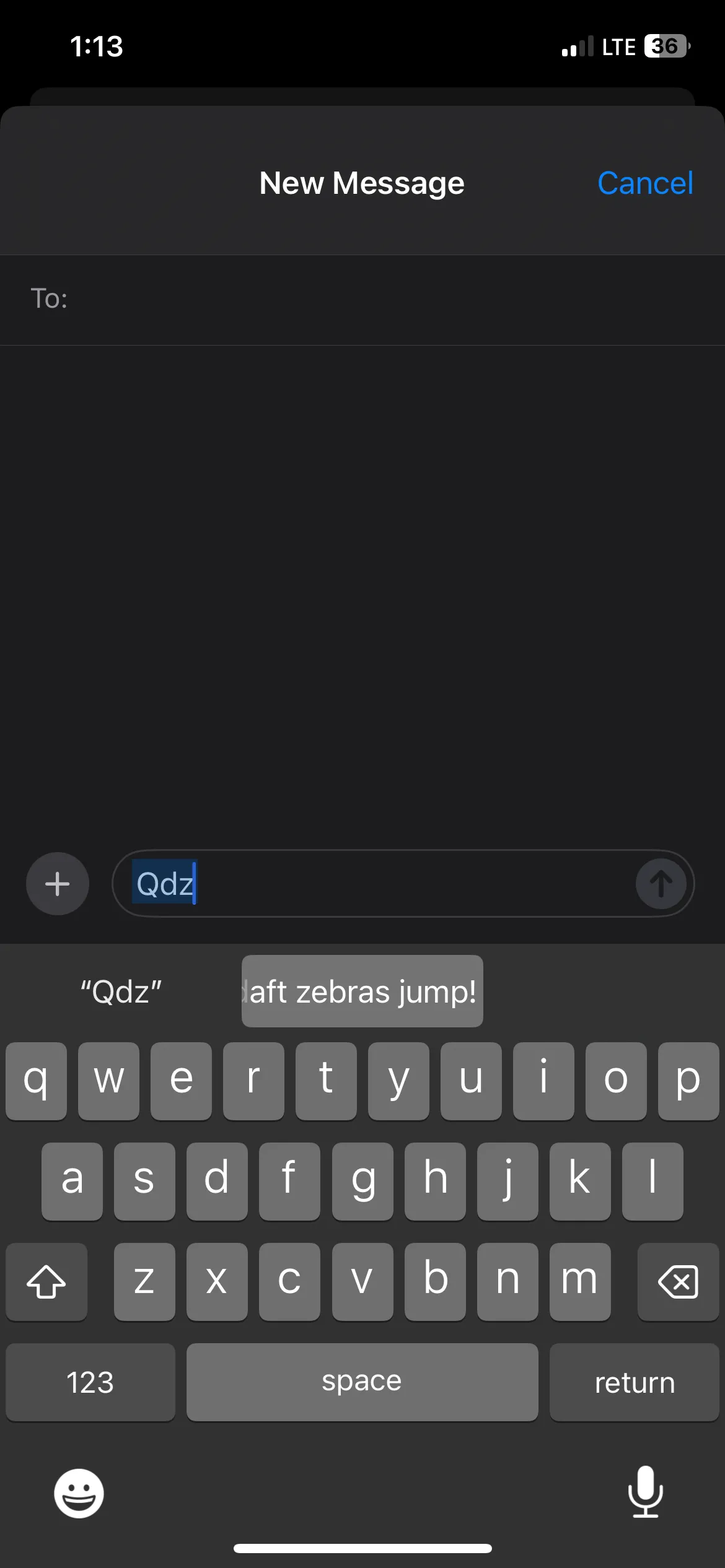 Nhập mã phím tắt &quot;qbz&quot; và hiển thị gợi ý thay thế văn bản trên iPhone.