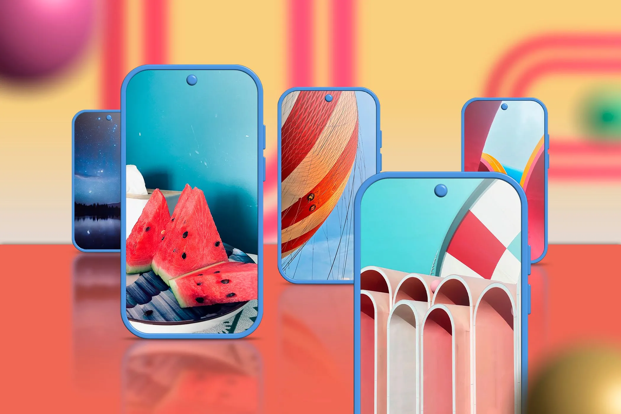 Nhiều mẫu điện thoại Android hiển thị các hình nền với hiệu ứng khác nhau