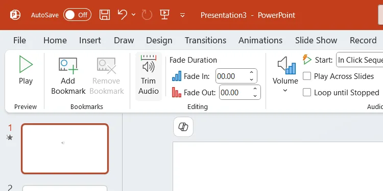 Nút Cắt Âm thanh (Trim Audio) trên tab Playback khi chọn một file âm thanh trong PowerPoint.