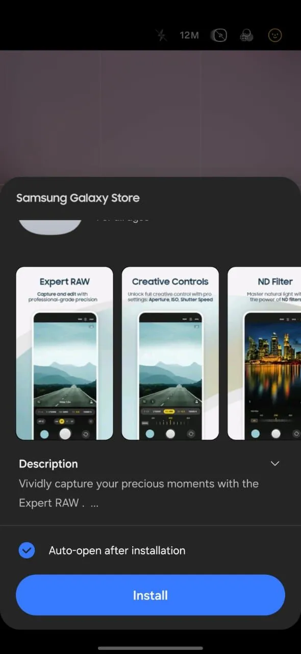 Quá trình cài đặt ứng dụng Expert RAW từ Galaxy Store trên điện thoại Samsung
