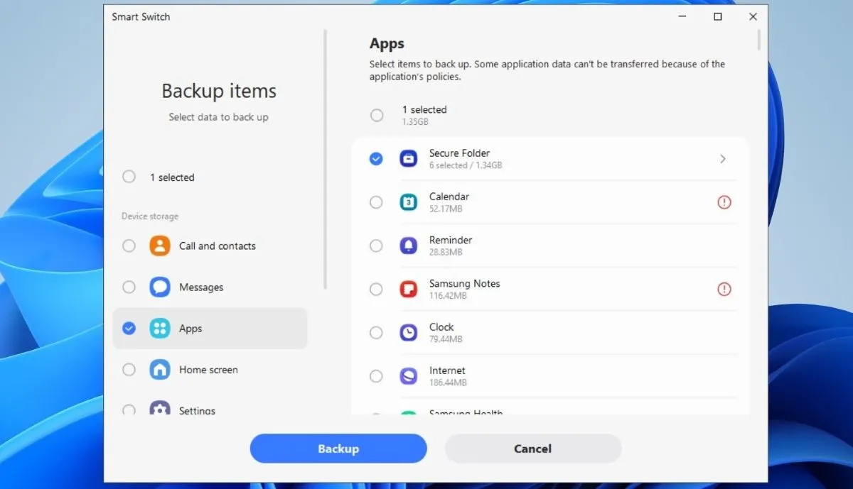 Quá trình sao lưu Thư mục Bảo mật Samsung bằng Smart Switch trên máy tính