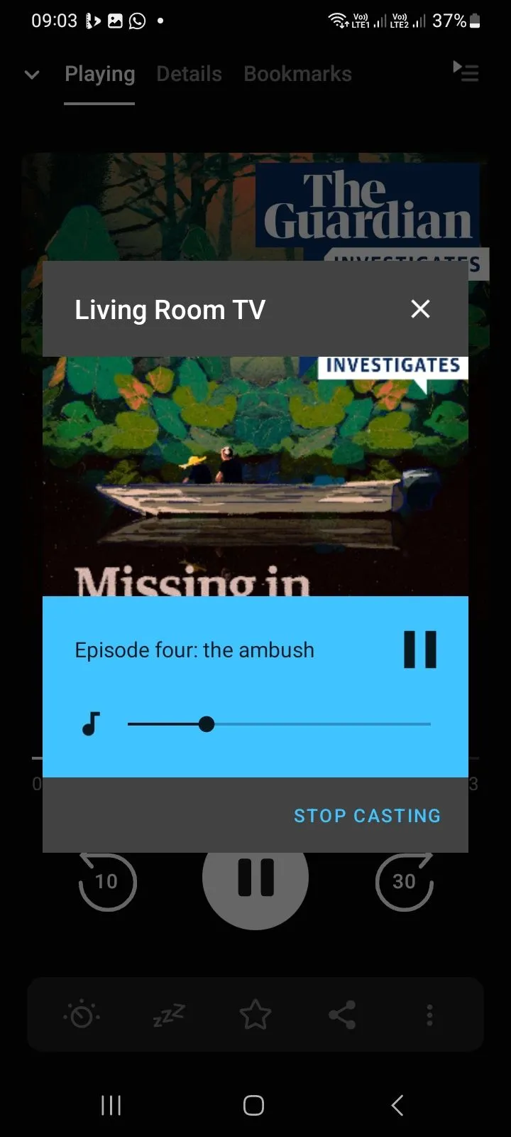 Quá trình truyền podcast từ ứng dụng Pocket Casts trên điện thoại lên TV thông qua tính năng Chromecast