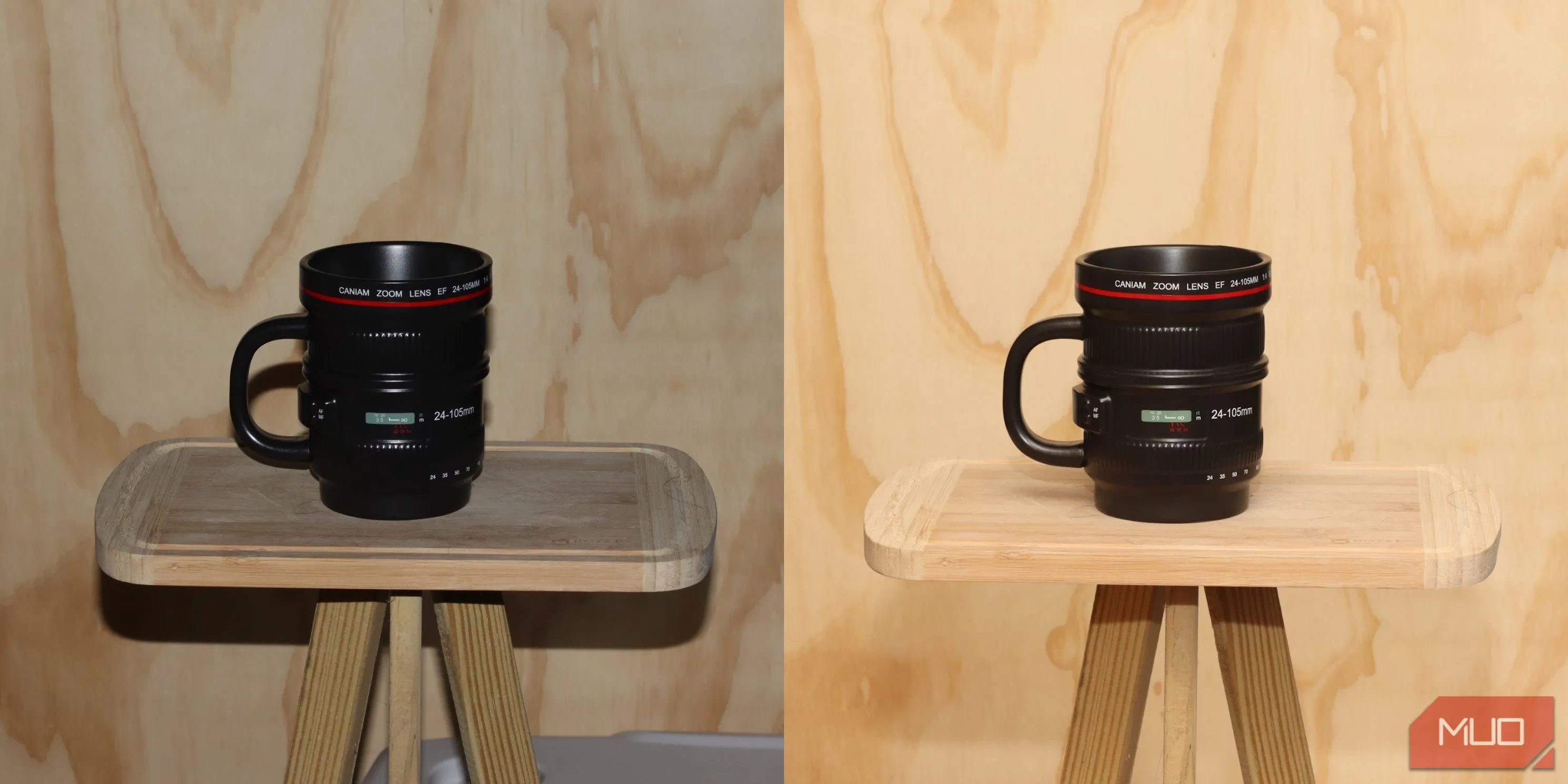 So sánh ảnh chụp cốc trên giá đỡ: bên trái dùng flash tích hợp với bóng đổ rõ nét, bên phải dùng đèn flash Godox VING cho ánh sáng đều và không bóng đổ.