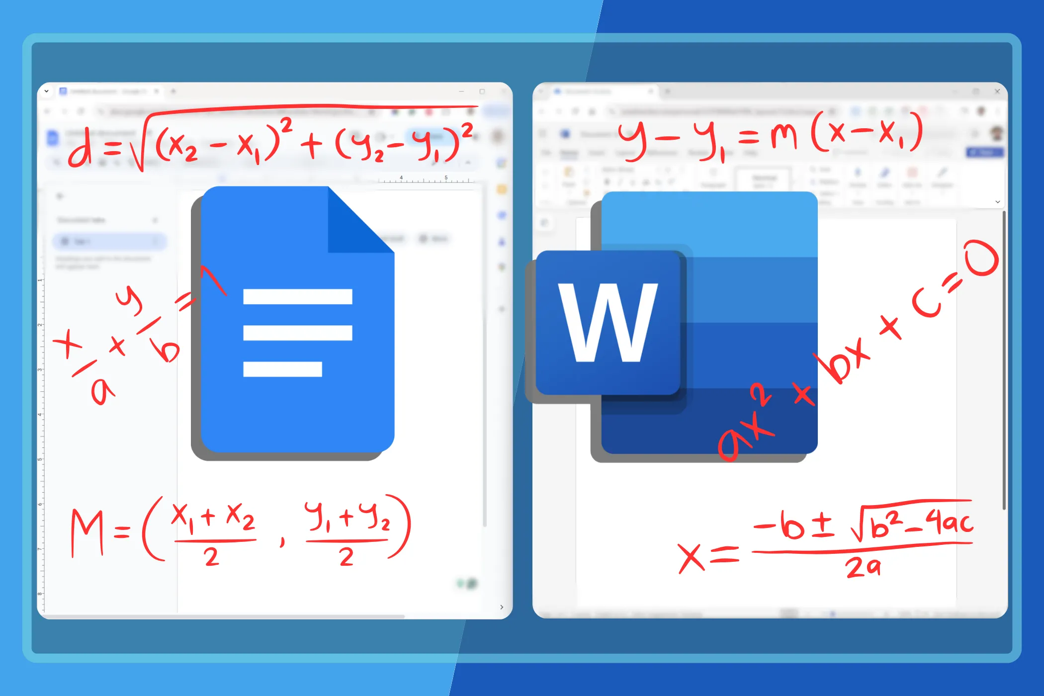So sánh giao diện nhập công thức toán học giữa Microsoft Word và Google Docs, thể hiện sự khác biệt trong cách hiển thị.