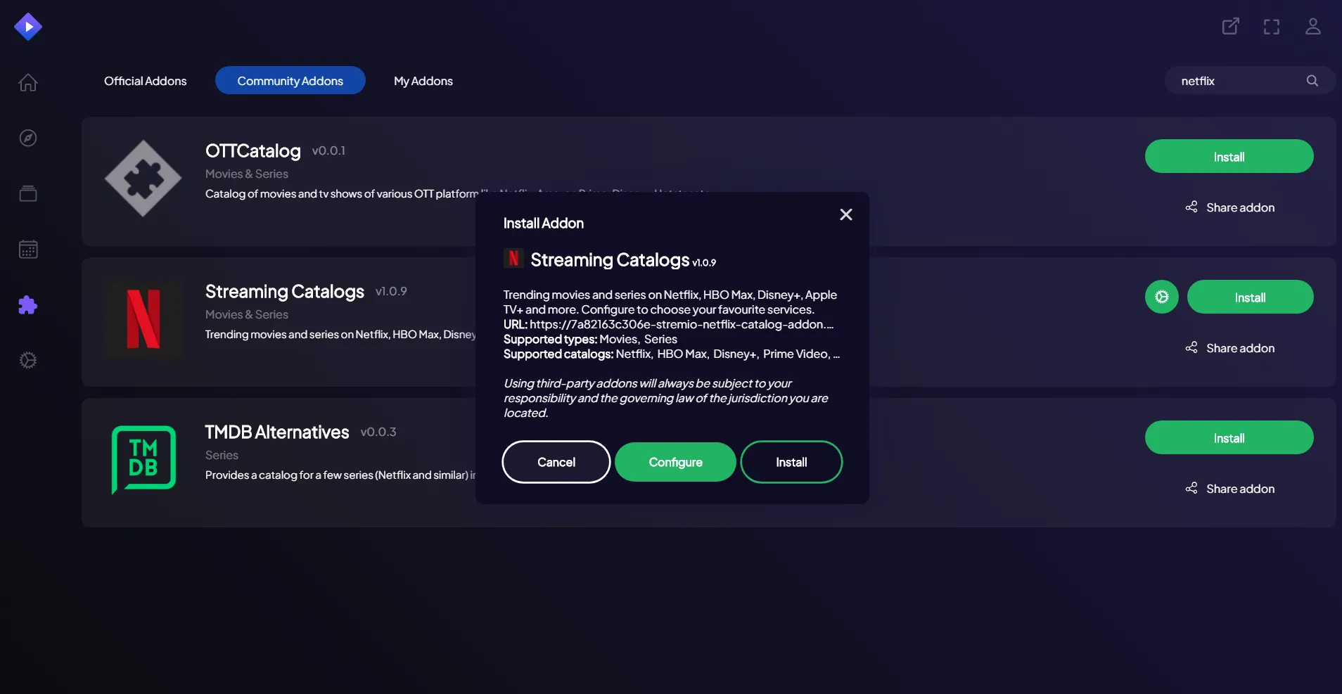 Stremio hiển thị các bộ phim và chương trình TV, cho thấy khả năng stream đa dạng nội dung.