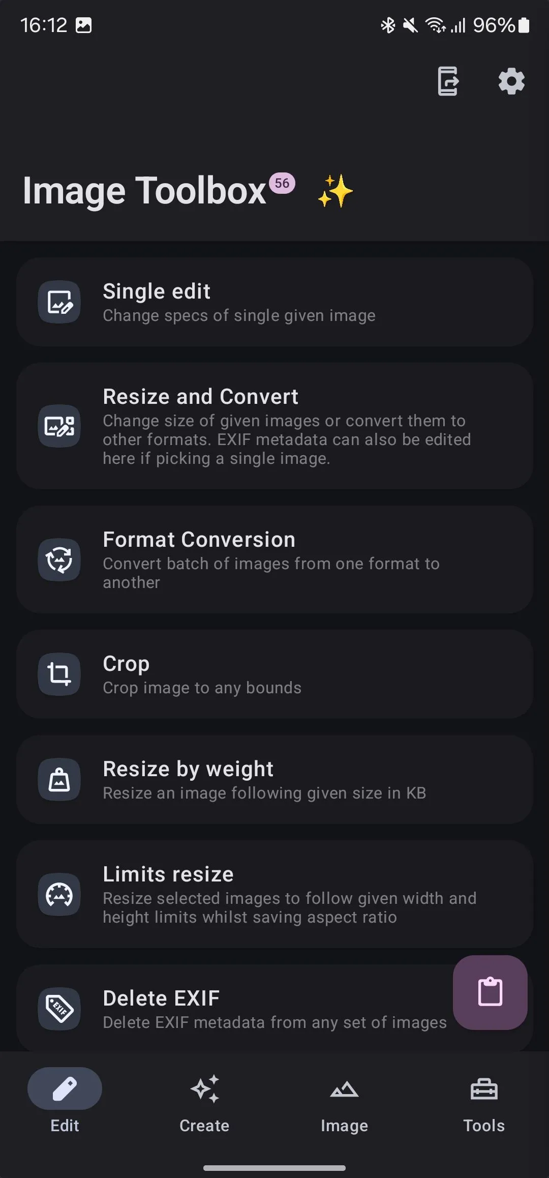 Tab chỉnh sửa của ứng dụng Image Toolbox, hiển thị các công cụ chỉnh sửa ảnh