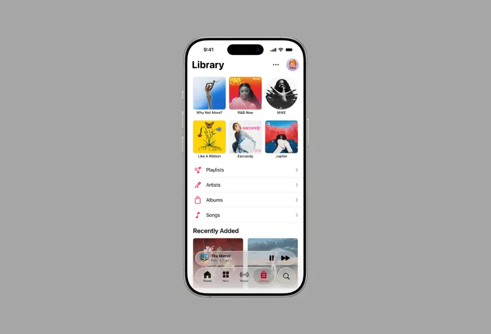 Tab Thư viện trong Apple Music hiển thị các album và playlist được ghim lên đầu để truy cập nhanh