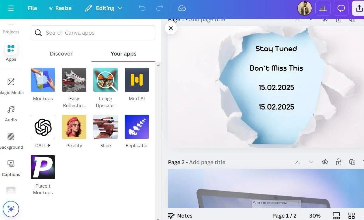 Tab Ứng dụng (Apps) trong giao diện Canva trên máy tính