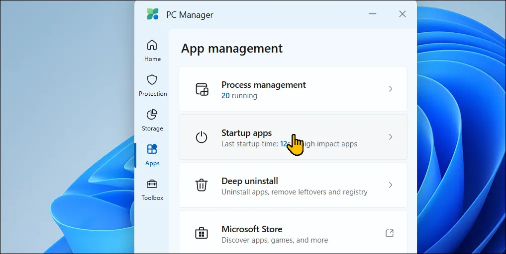 Tab Ứng dụng đang mở trong Microsoft PC Manager trên Windows 11