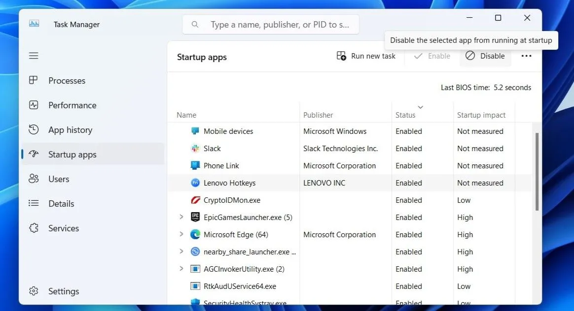 Tab Ứng dụng khởi động (Startup Apps) trong Trình quản lý Tác vụ (Task Manager) của Windows 11