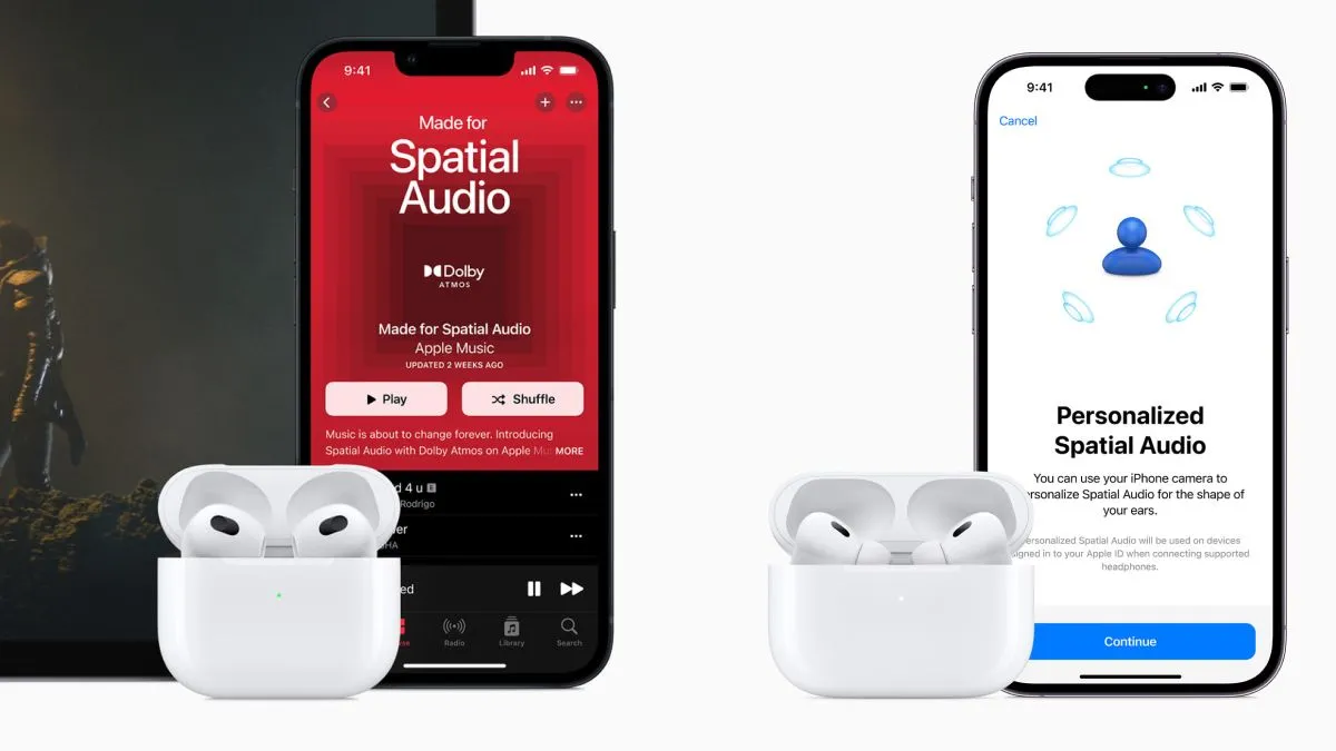 Tai nghe AirPods 3 và AirPods Pro 2 kết nối với iPhone 13 và iPhone 14 Pro, hiển thị tính năng Âm thanh không gian