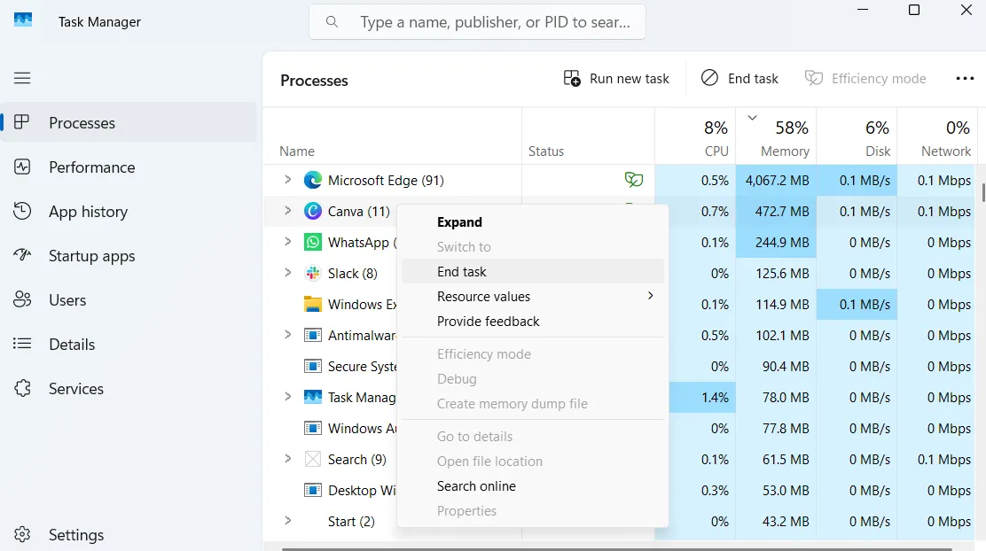 Task Manager Windows hiển thị tùy chọn Kết thúc tác vụ cho ứng dụng Canva