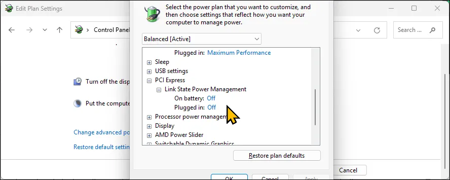 Tắt tùy chọn Link State Power Management cho PCI Express trong Cài đặt nguồn trên Windows 11