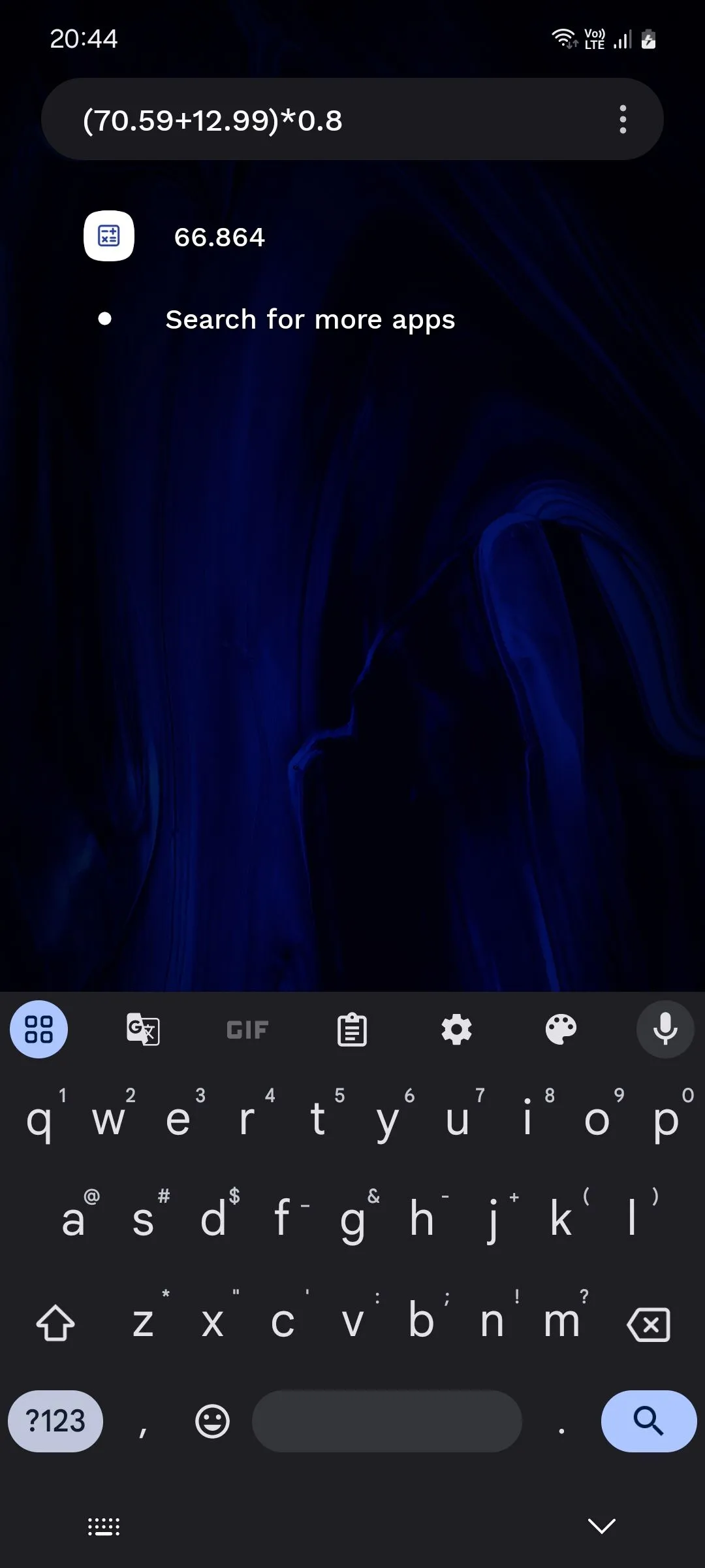 Thanh tìm kiếm của Niagara Launcher với tính năng máy tính tích hợp cho phép thực hiện phép tính nhanh