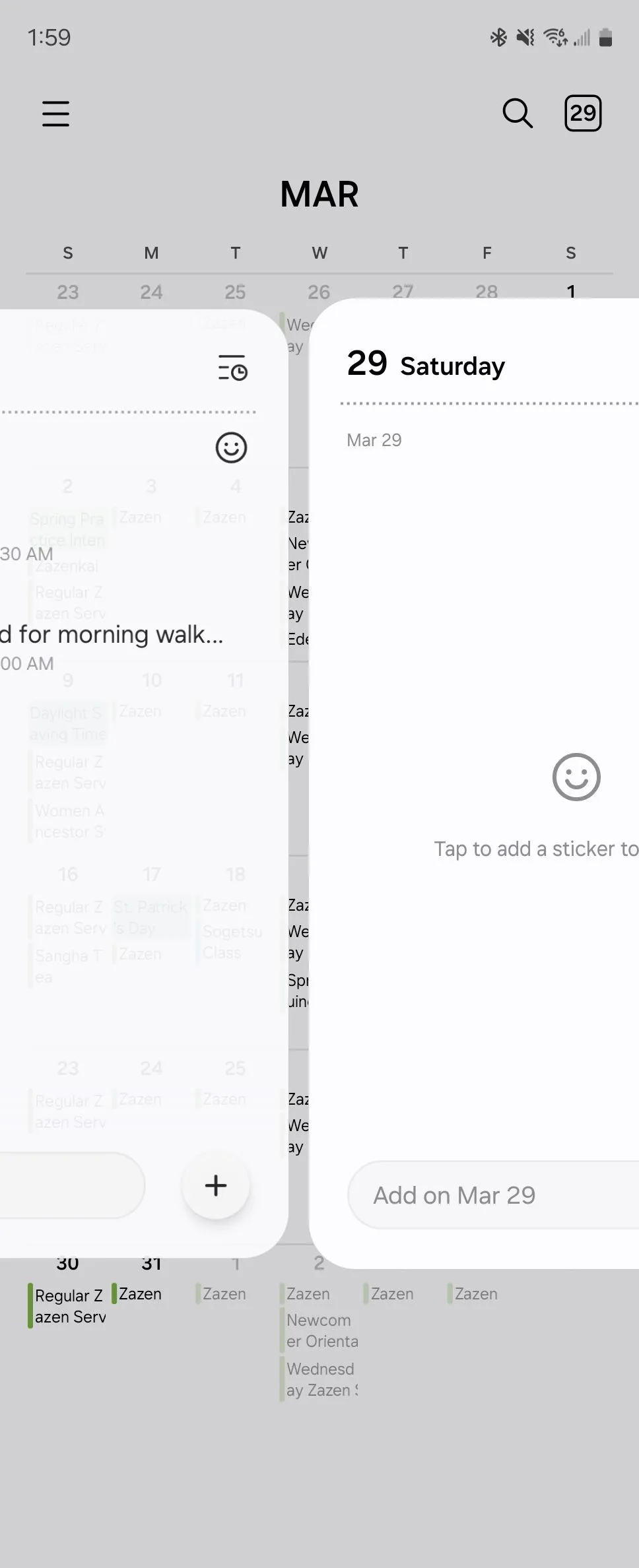 Thao tác vuốt giữa hai sự kiện trong ứng dụng Samsung Calendar