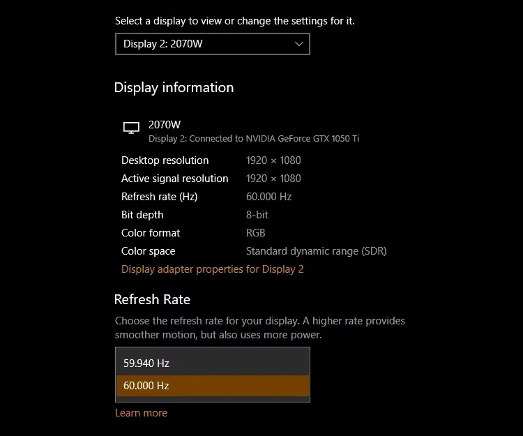 Thay đổi tần số quét màn hình trên Windows 10