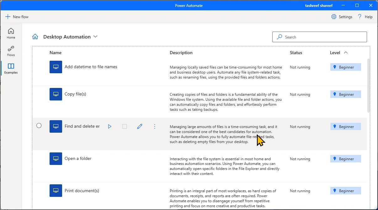 Thẻ &quot;Examples&quot; mở trong Microsoft Power Automate trên Windows 11, minh họa các mẫu tự động hóa quy trình làm việc.
