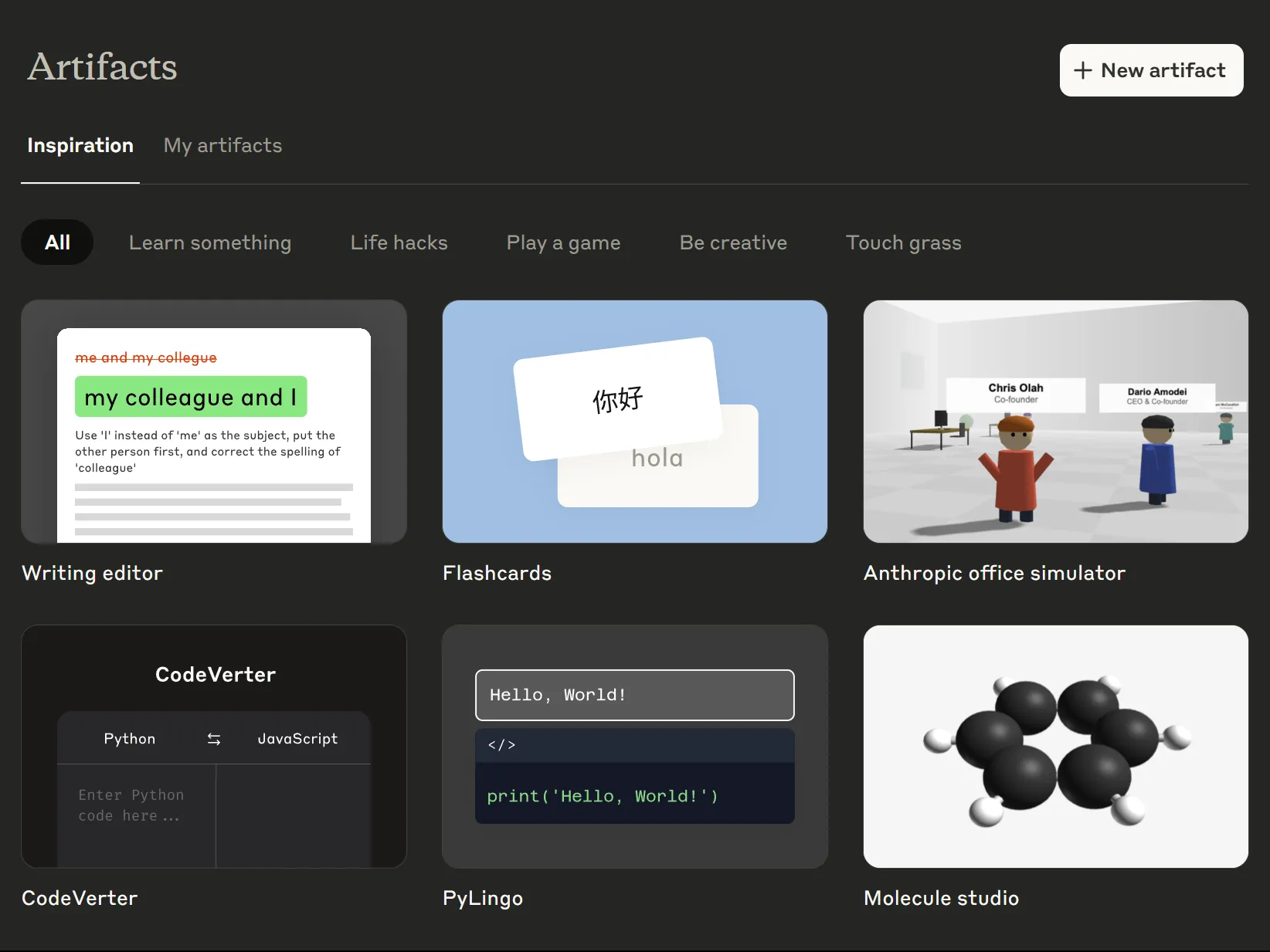 Thẻ Inspiration trong ứng dụng web Claude Artifacts.