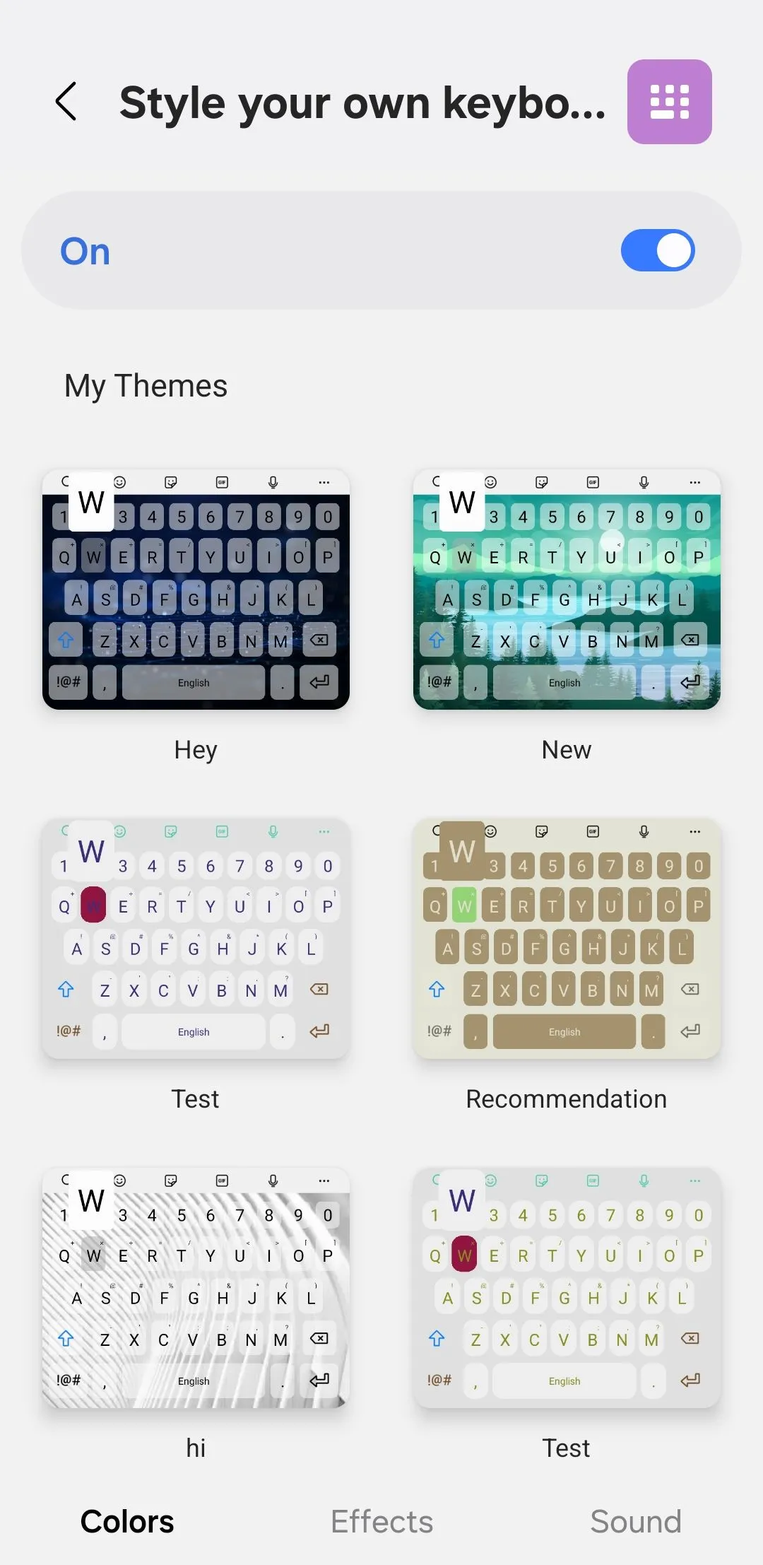 Thẻ Màu sắc trong ứng dụng Keys Cafe, cho phép tùy chỉnh màu bàn phím Samsung.
