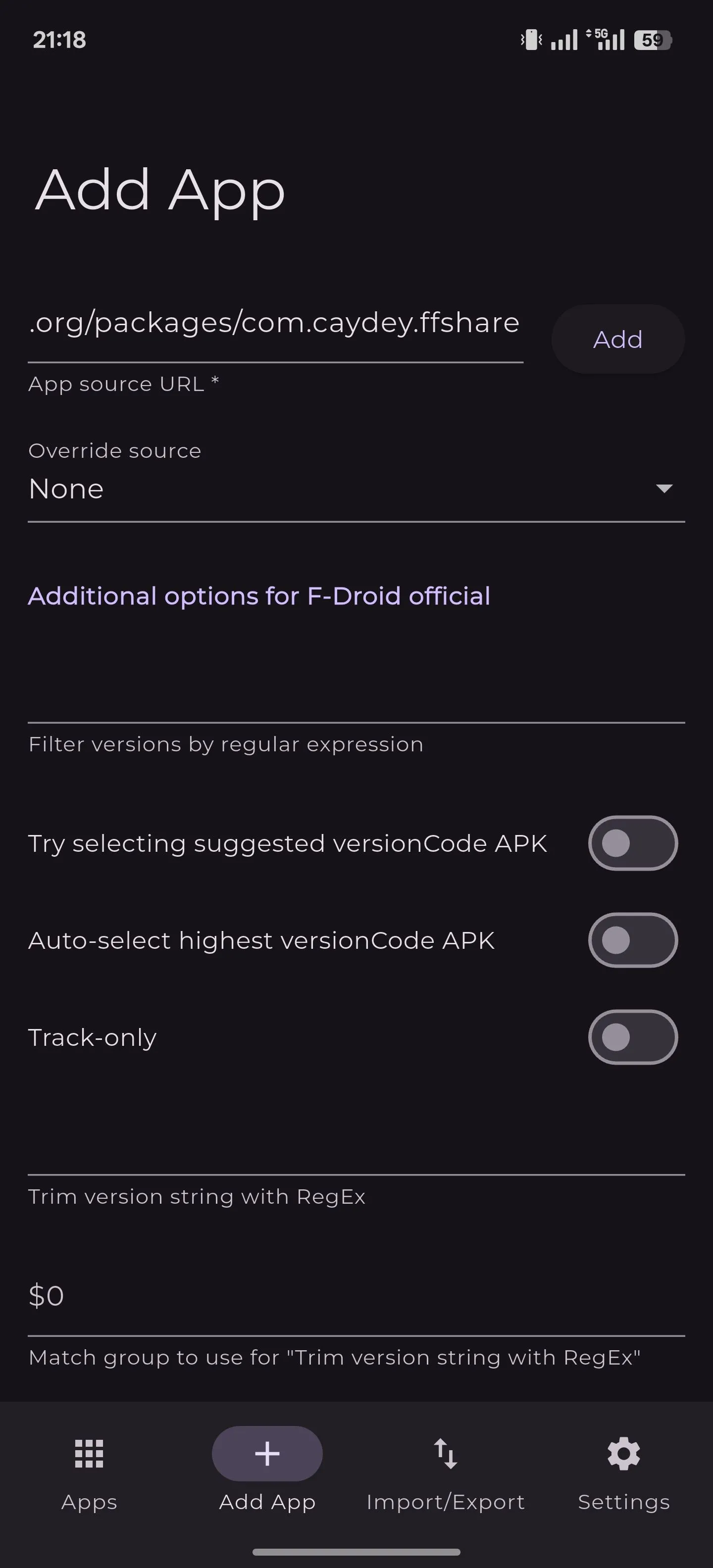 Thêm một ứng dụng từ F-Droid vào Obtainium trên Android.