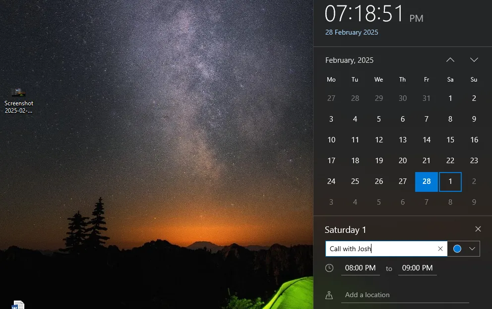 Thêm sự kiện trực tiếp từ ứng dụng lịch trên thanh Taskbar Windows 10