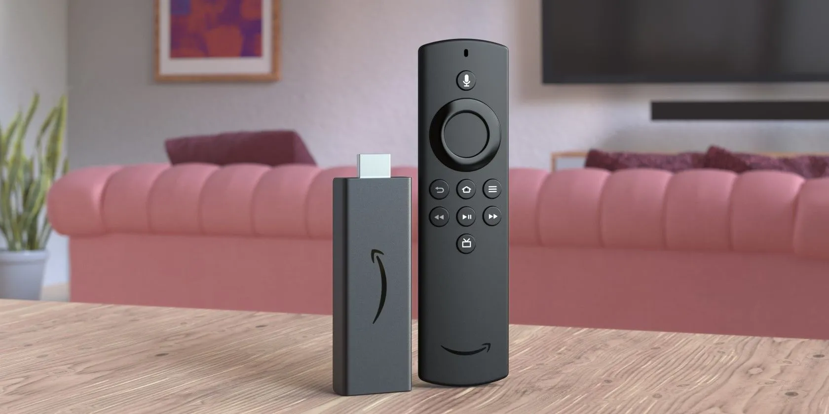 Thiết bị Fire TV Stick và điều khiển từ xa đặt trên bàn cà phê, minh họa thiết bị streaming phổ biến