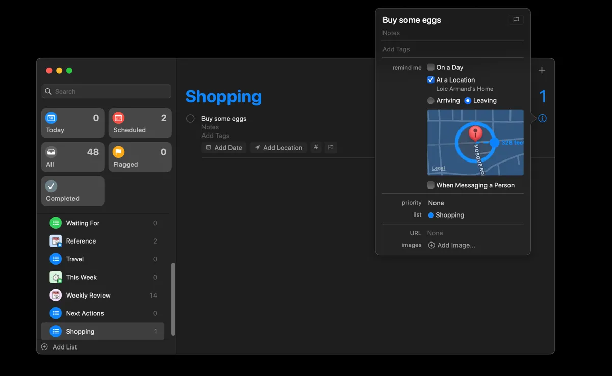 Thiết lập lời nhắc dựa trên vị trí trong ứng dụng Apple Reminders trên Mac