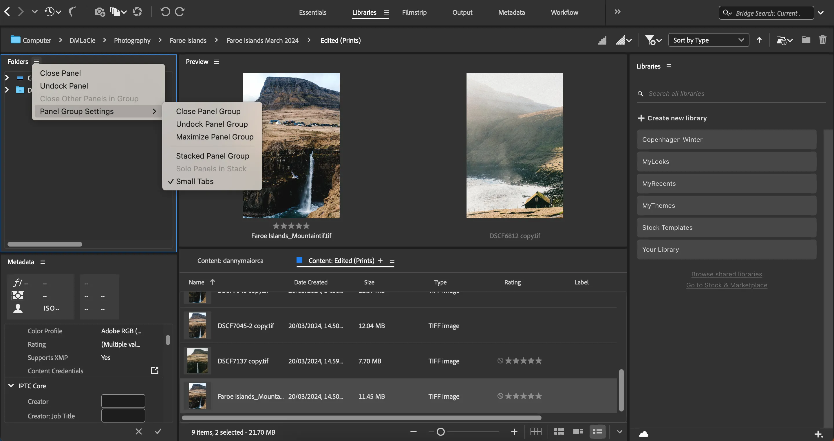 Thiết lập tùy chỉnh các bảng điều khiển (panels) trong Adobe Bridge để tối ưu không gian làm việc