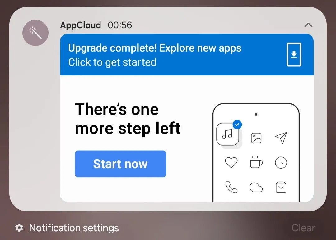 Thông báo quảng cáo từ AppCloud trên điện thoại Samsung, mời người dùng khám phá các ứng dụng mới sau khi cập nhật phần mềm.