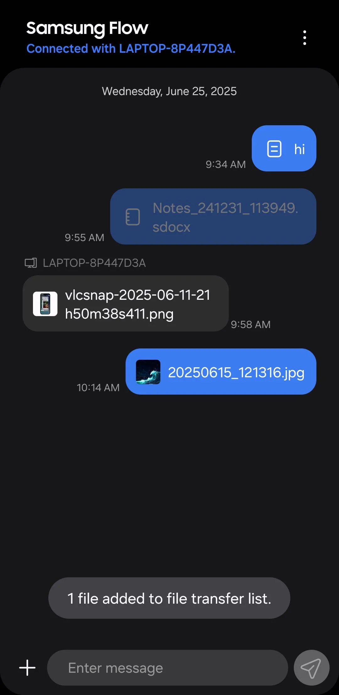 Thông báo tệp đã gửi thành công trên ứng dụng Samsung Flow điện thoại