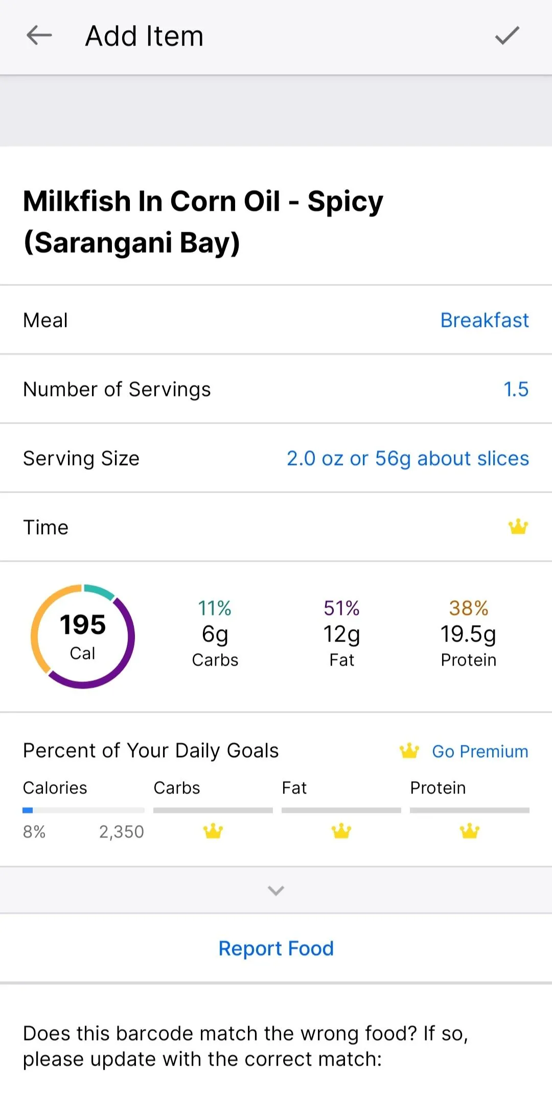Thông tin chi tiết về macro và khẩu phần ăn của món cá sữa trong MyFitnessPal