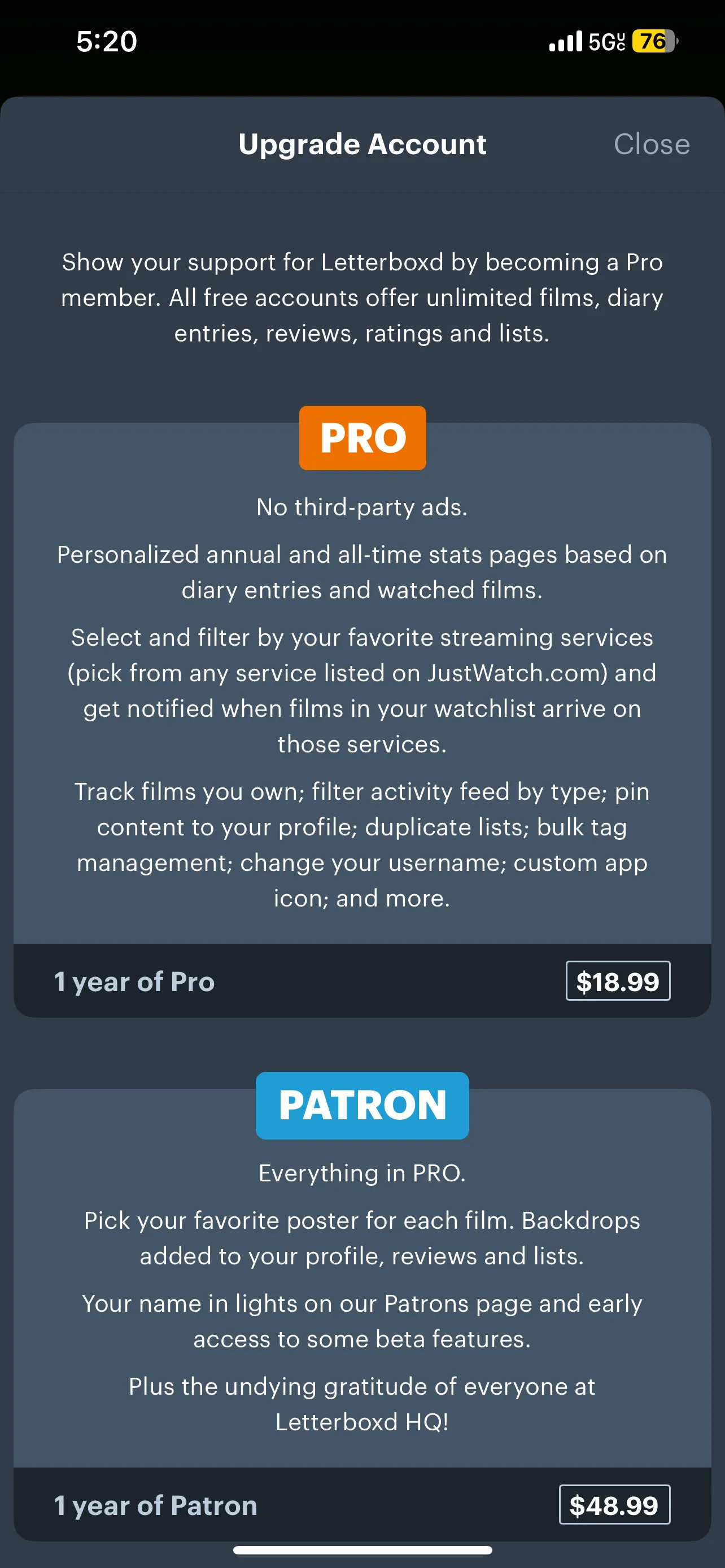 Thông tin về các gói đăng ký Letterboxd Pro và Patron