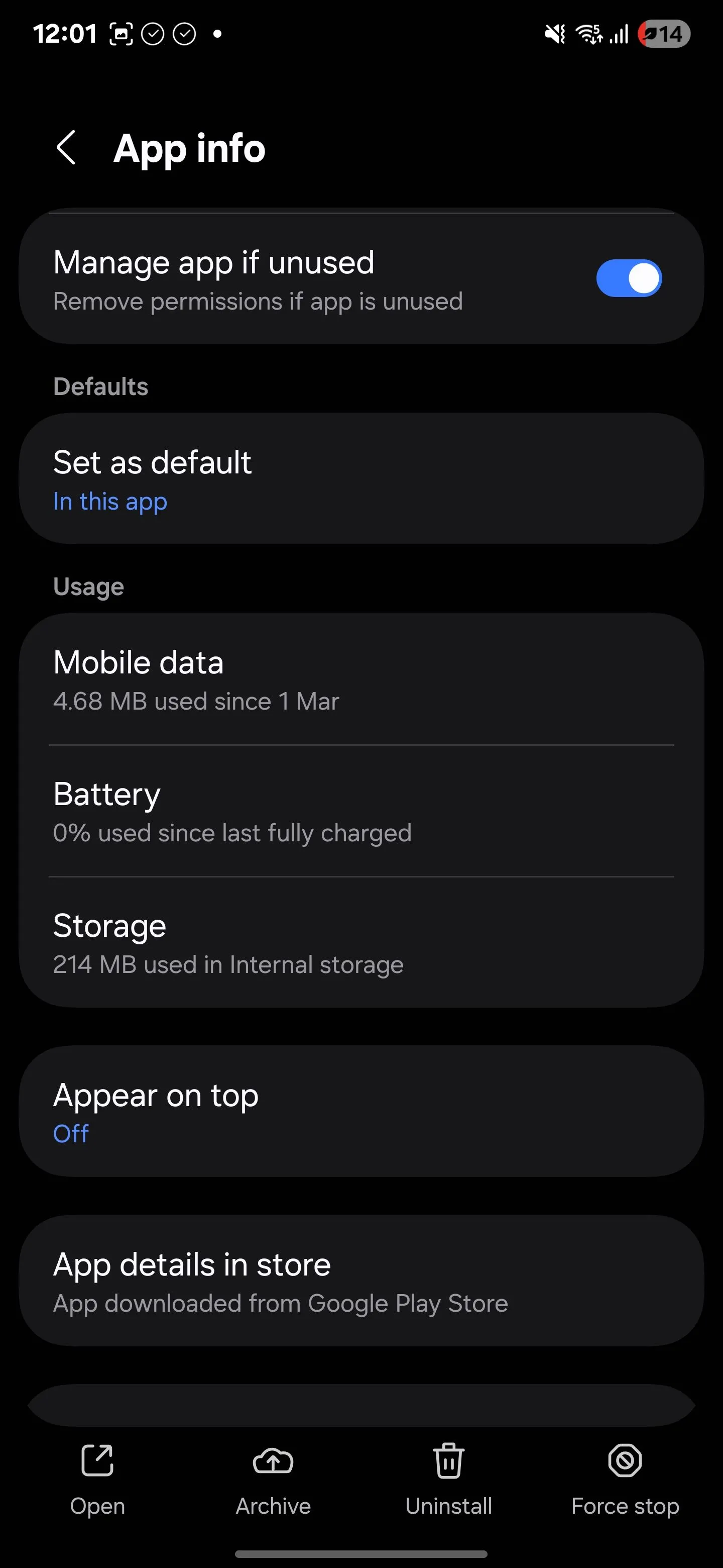 Thông tin về ứng dụng trong menu cài đặt trên điện thoại Samsung