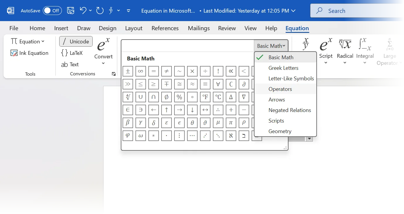 Thư viện các ký hiệu toán học đa dạng trong Equation Editor của Word, được nhóm theo từng loại biểu tượng.