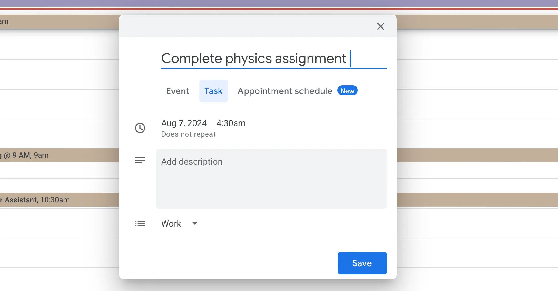 Tích hợp Google Tasks cho phép thêm tác vụ trực tiếp từ Google Calendar.