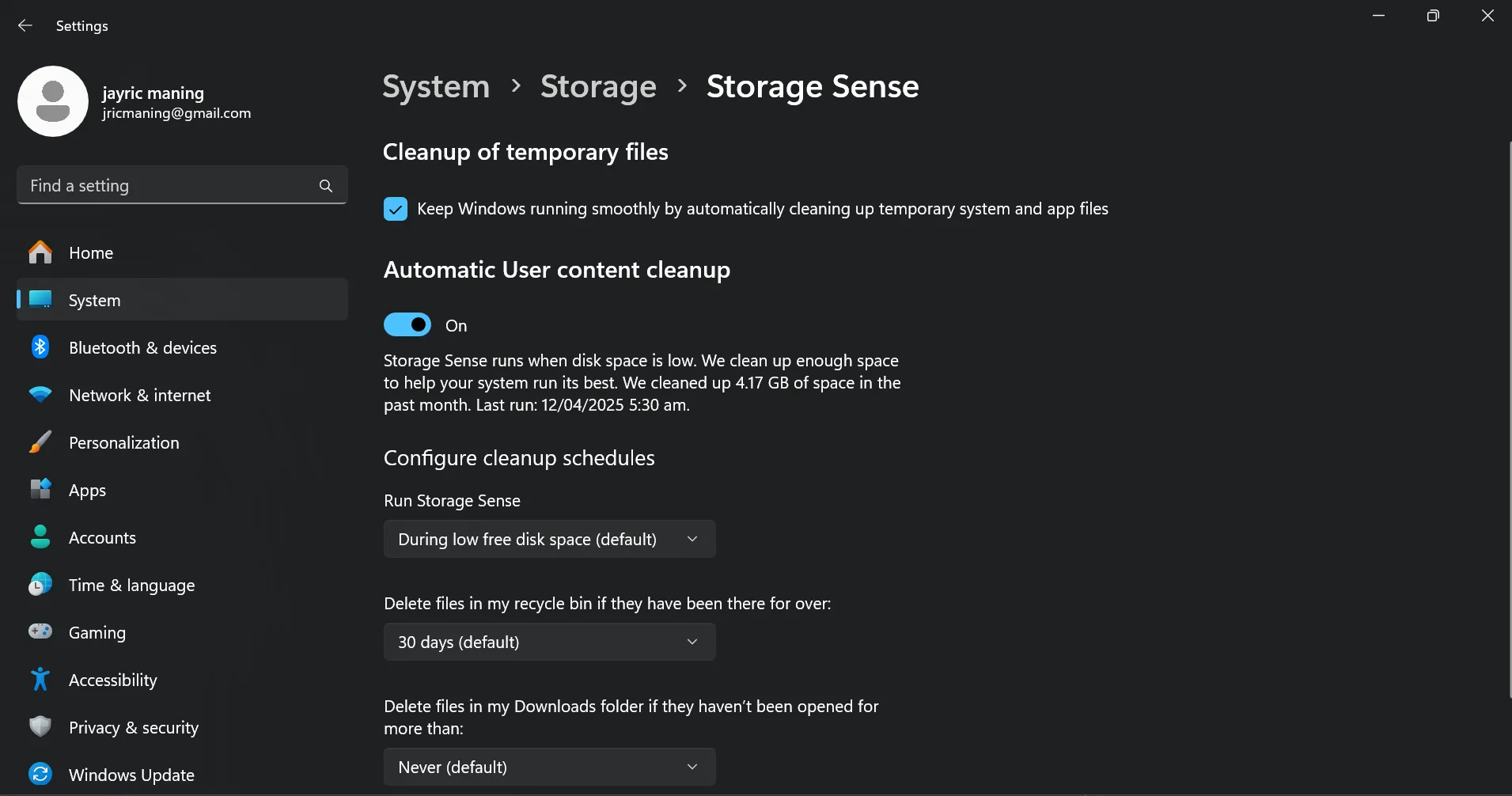 Tiện ích Storage Sense trên Windows hiển thị dung lượng đã được giải phóng