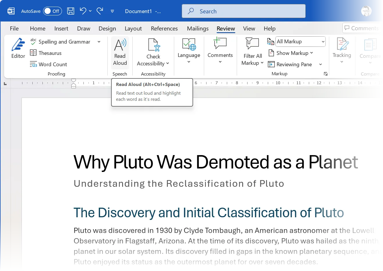 Tính năng Đọc thành tiếng (Read Aloud) trong Microsoft Word, giúp người dùng nghe lại nội dung đã viết.
